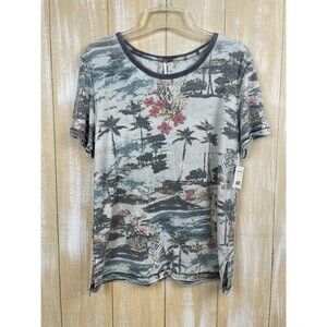 NWT Free People Gray Blue Safari Print Short Sleeve T-shirt Size XS Oversized